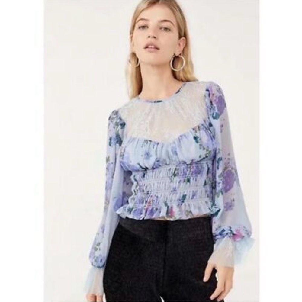 NWT Free People Daphne, Floral Sheer Blouse - Lavender and White.